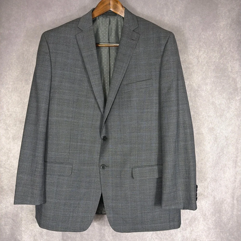 Collection by Michael Strahan Suit Jacket Grey Blue Glen Plaid‎ Wool Blend 46L